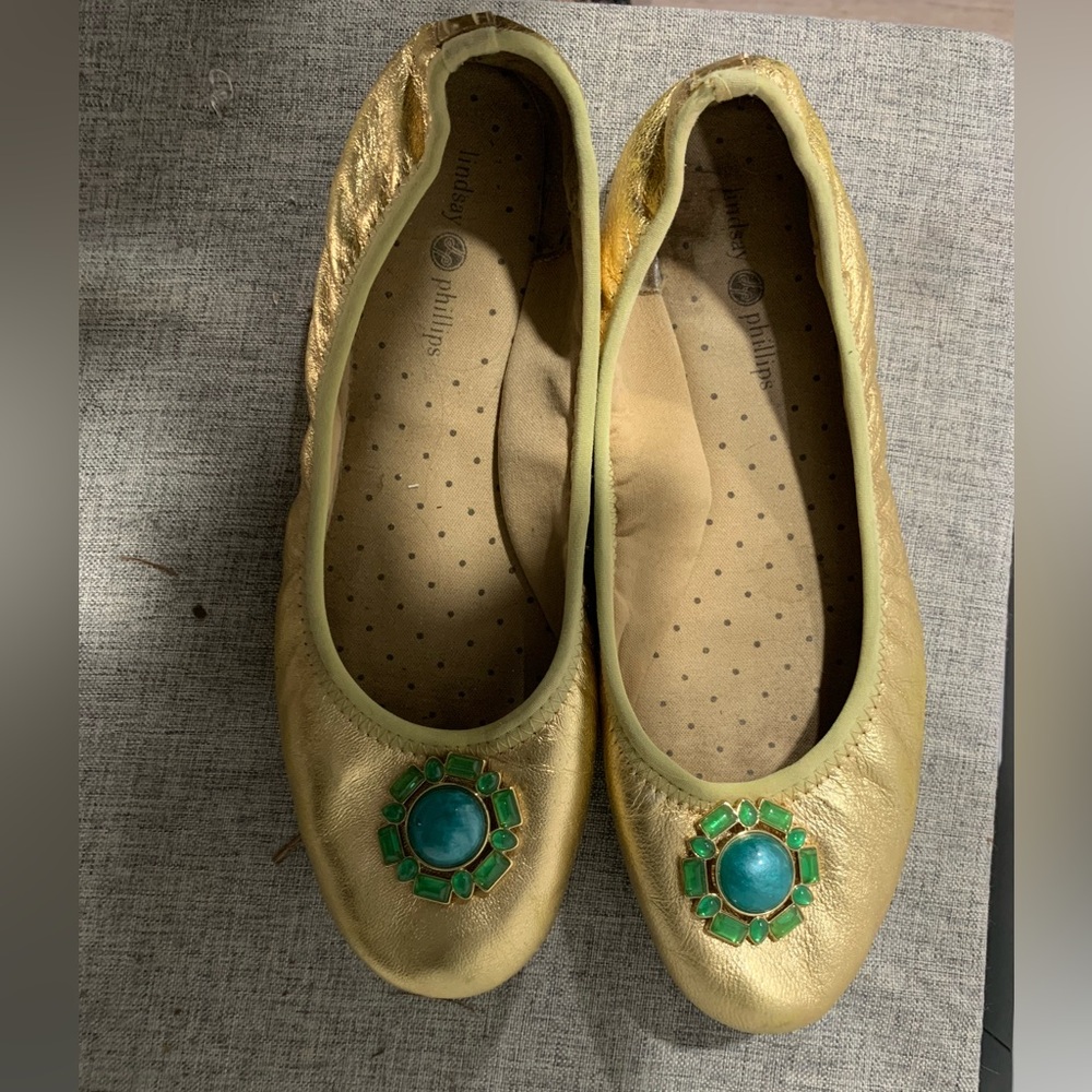Lindsay Phillips Gold Ballet Flats with Green Embellishment